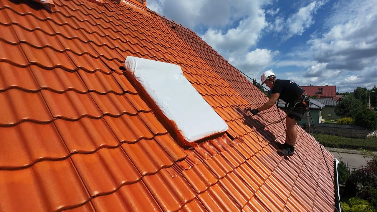 Malowanie dachu — natryskowe odnowienie koloru ceramicznej dachówki, świeży intensywny odcień
